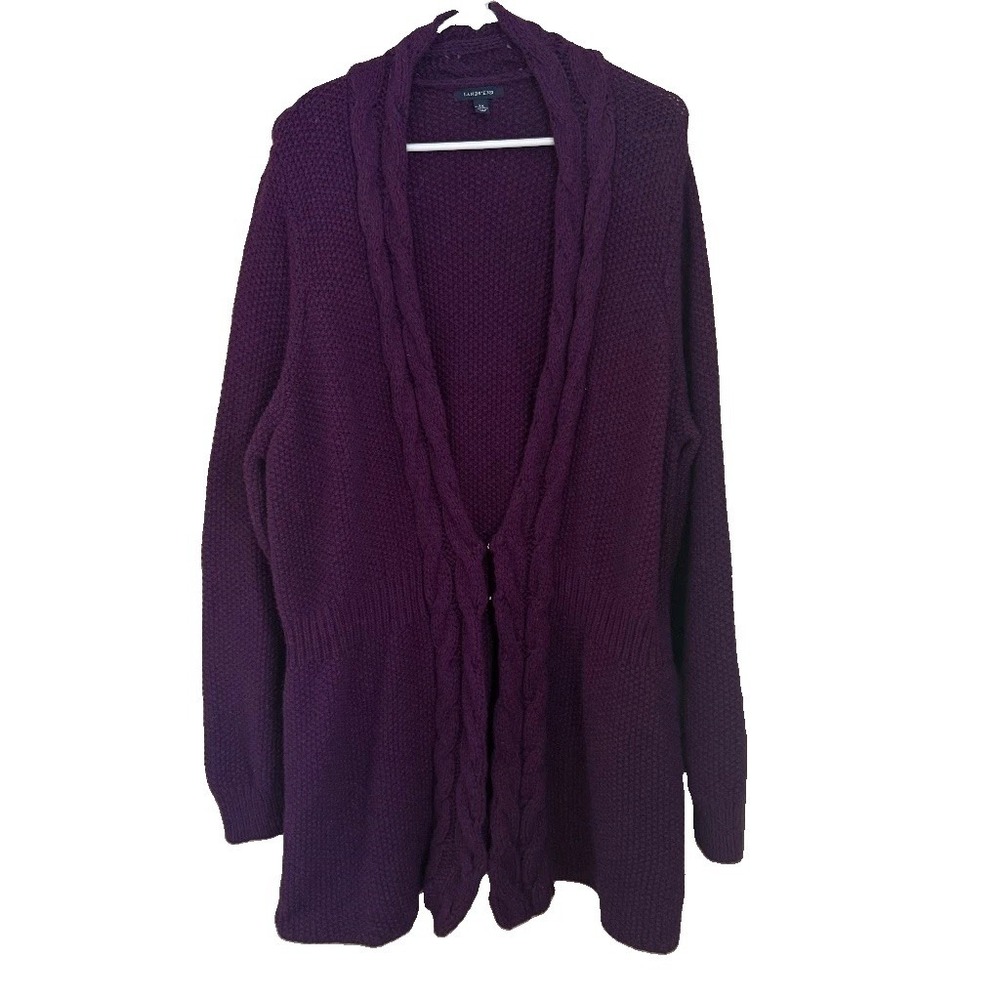 Lands End Purple Cable Knit Cardigan 3X Plus Size Cotton Wool Blend Cozy Comfy